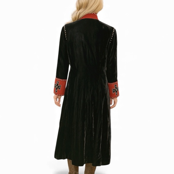 Double D Ranch heavily embellished black velvet duster jacket with red suede - Picture 2 of 14